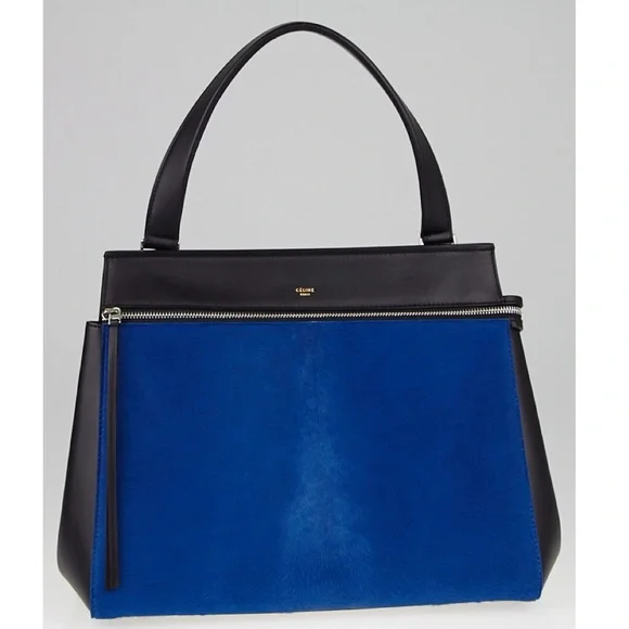 AUTHENTIC CELINE RARE NWT Medium Edge Satchel Blue Ponyhair & Black Leather - Picture 1 of 13